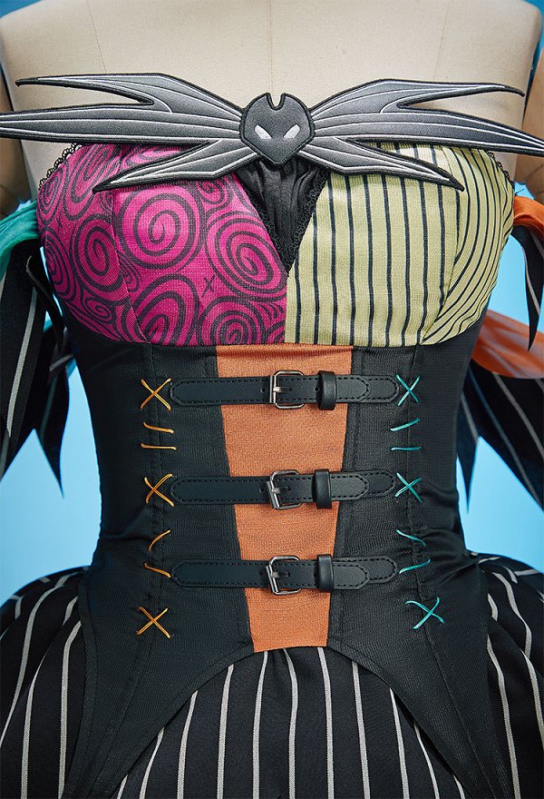 Pesadilla de Chrismas Sally Derivado Corset vestido colorido Patchwork Traje de hombro y falda larga con parche bordado