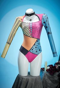 Christmas Nightmare Gothic Colorful Printed Patchwork One-piece Swimsuit Long-sleeved Cutout Bathing Suit with Necklace