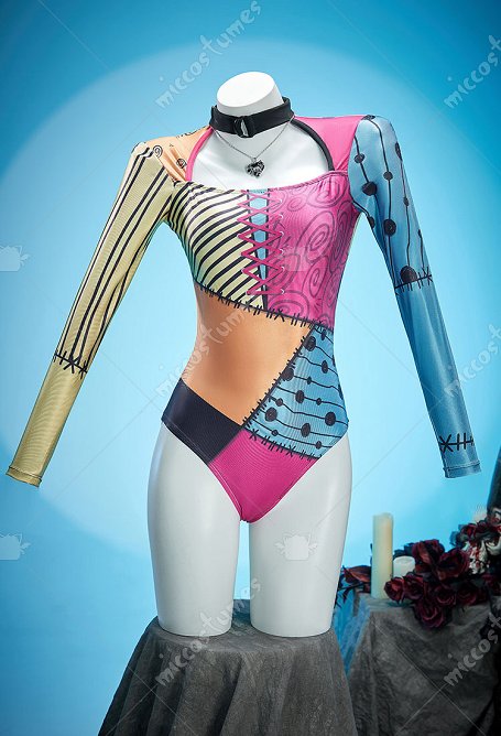 Christmas Nightmare Gothic Colorful Printed Patchwork One-piece Swimsuit Long-sleeved Cutout Bathing Suit with Necklace
