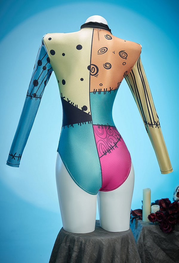 Pesadilla de Navidad Gótico Colorido Impreso Patchwork Traje de Baño de Una Sola Pieza Traje de Baño de Manga Larga con Collar