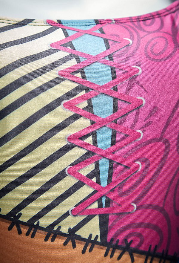 Pesadilla de Navidad Gótico Colorido Impreso Patchwork Traje de Baño de Una Sola Pieza Traje de Baño de Manga Larga con Collar