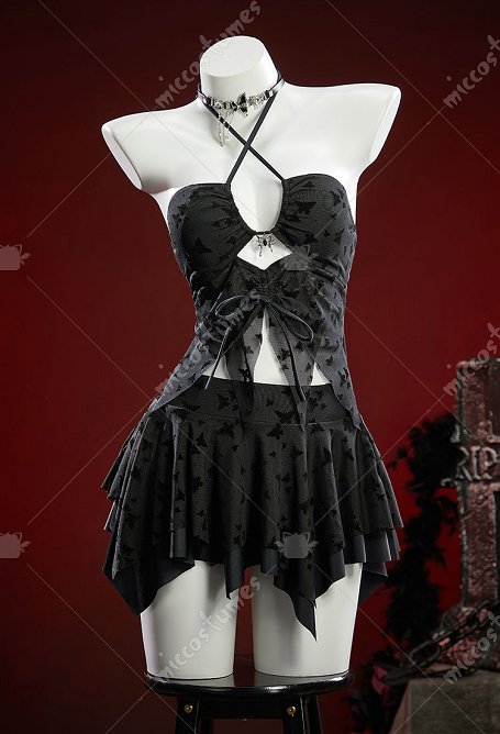 Impresión de mariposa gótica Traje de baño de dos piezas Irregular Halter cuello corte superior y falda con gargantilla