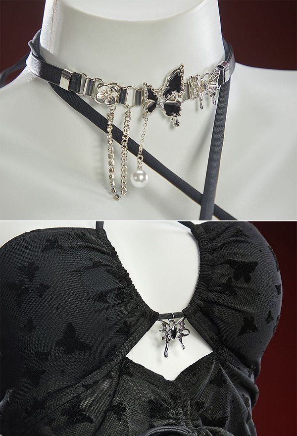 Impresión de mariposa gótica Traje de baño de dos piezas Irregular Halter cuello corte superior y falda con gargantilla Impresión de mariposa gótica Traje de baño de dos piezas Irregular Halter cuello corte superior y falda con gargantilla