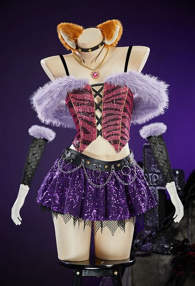 Disfraz Cosplay Sexy de Clawdeen de MH Conjunto Gótico de Peluche Estampado Top con Hombros Descubiertos con Falda en Capas y Calentadores de Brazos