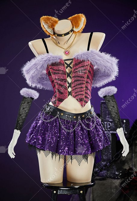 MH Clawdeen Sexy Cosplay Kostüm Gothic Plush Suit Gemustertes schulterfreies Top mit geschichtetem Rock und Armstulpen