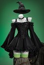 Ensemble gothique inspiré d'Elphaba dans Wicked robe à manches cloche et épaules dénudées avec corset et chapeau