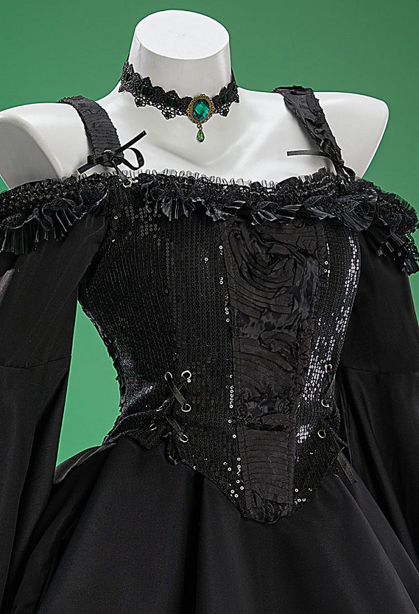 Ensemble gothique inspiré d'Elphaba dans Wicked robe à manches cloche et épaules dénudées avec corset et chapeau