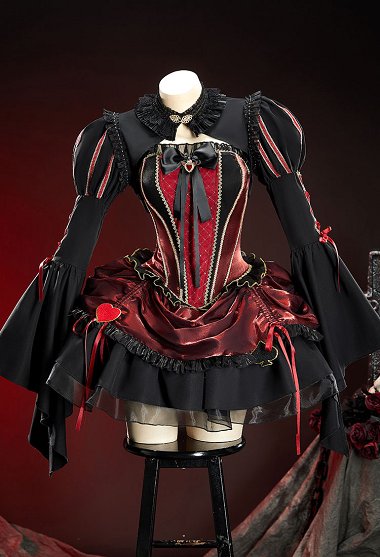 Alice in Wonderland Halloween Gótico Negro Rojo Conjunto de Outfit Escuro Corte Estilo Top y Falda de Cordón con Chaqueta