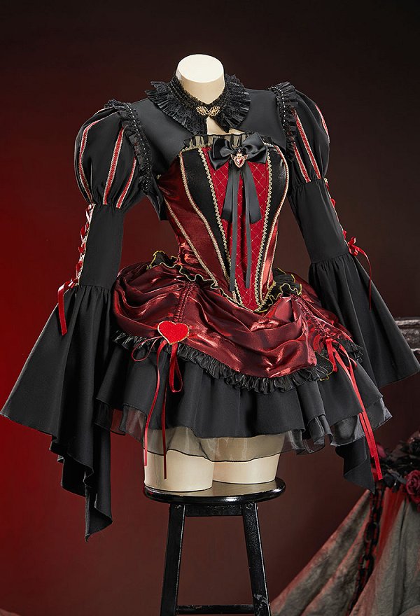 Alice in Wonderland Halloween Gótico Negro Rojo Conjunto de Outfit Escuro Corte Estilo Top y Falda de Cordón con Chaqueta