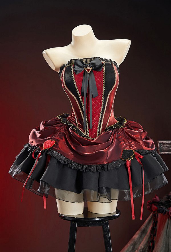 Alice in Wonderland Halloween Gótico Negro Rojo Conjunto de Outfit Escuro Corte Estilo Top y Falda de Cordón con Chaqueta