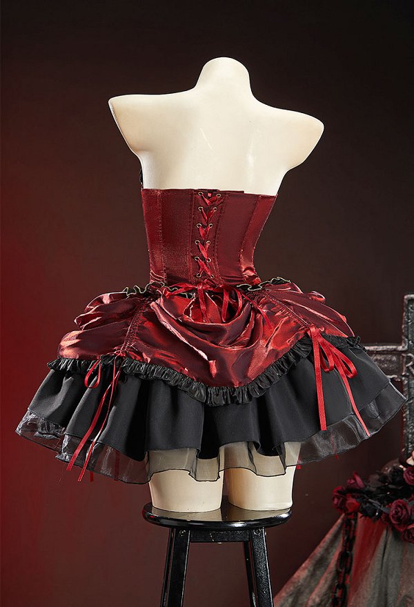 Alice in Wonderland Halloween Gótico Negro Rojo Conjunto de Outfit Escuro Corte Estilo Top y Falda de Cordón con Chaqueta