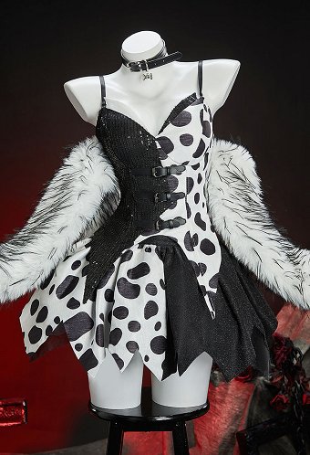 Cruella Derivado Negro y Blanco Polka Dot Outfit Irregularmente Corset Patchwork Top y falda con chal de piel