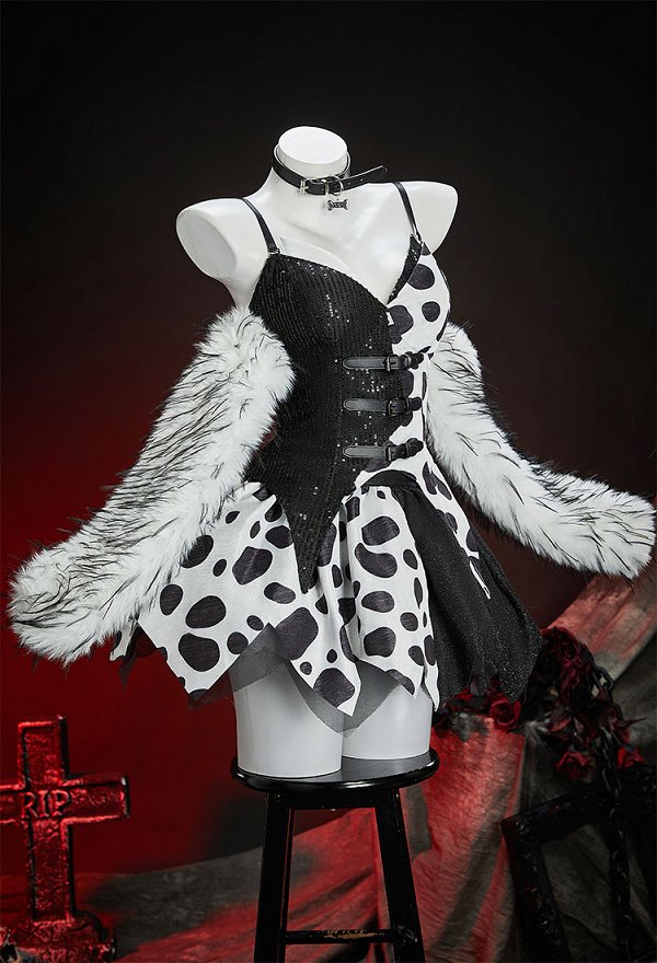 Cruella Derivado Negro y Blanco Polka Dot Outfit Irregularmente Corset Patchwork Top y falda con chal de piel
