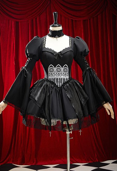 Gótico Negro Diseño de la Iglesia Lolita Oscuro Estilo Retro Vestido en capas con mangas de campana y gargantilla