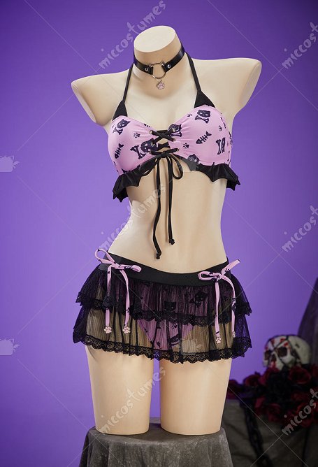 Midnight Meow Gothic Cat Bat Two-Piece Swimsuit Halter Top and Skirt Bathing Suit with Choker