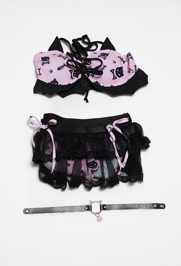 Medianoche Meow Gothic Cat Bat Traje de Baño de Dos Piezas Halter Top y Falda Traje de Baño con Gargantilla