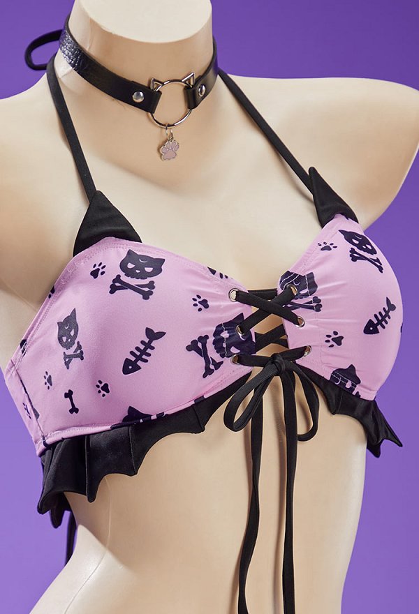 Medianoche Meow Gothic Cat Bat Traje de Baño de Dos Piezas Halter Top y Falda Traje de Baño con Gargantilla