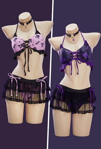 Medianoche Meow Gothic Cat Bat Traje de Baño de Dos Piezas Halter Top y Falda Traje de Baño con Gargantilla