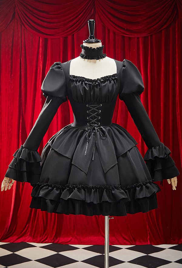 Vestido gótico victoriano negro Lolita estilo retro mangas puff encaje vestido con gargantilla