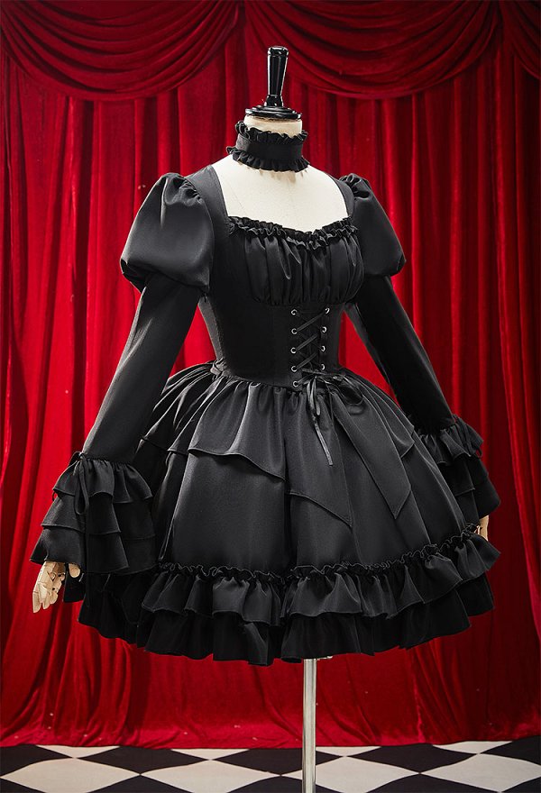 Vestido gótico victoriano negro Lolita estilo retro mangas puff encaje vestido con gargantilla