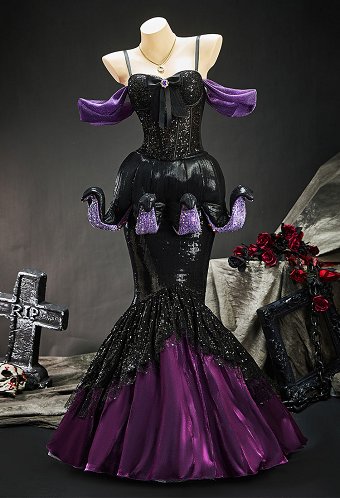 The Little Mermaid Ursula Gothic Black and Purple Corset Skirt Outfit Sequined Off-shoulder Top Octopus Claw and Fishtail Skirt