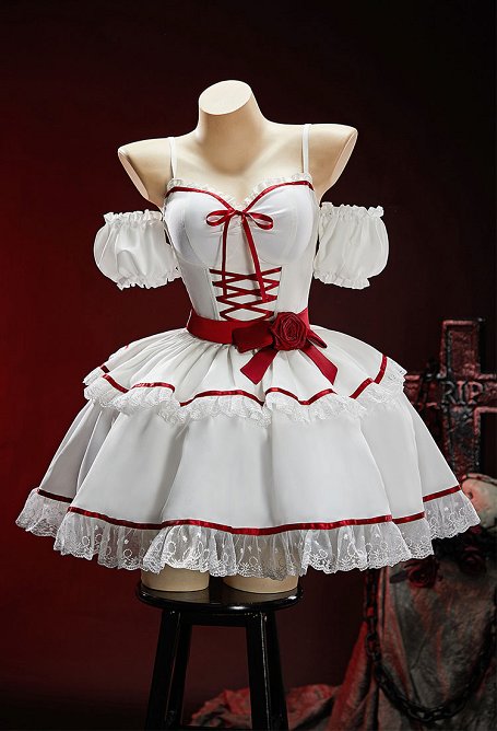 Vestido Muñeca Terrorífica Halloween Estilo Oscuro Falda Corsé con Mangas y Cinturón