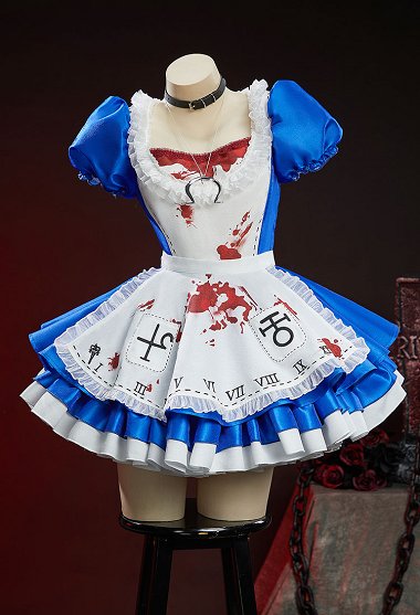 Alice: Madness Returns Halloween Gótico Azul Blanco Conjunto Vestido de Mangas de Puff con Delantal y Gargantilla
