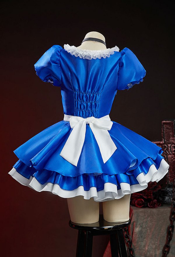 Alice: Madness Returns Halloween Gothic Blue White Set Puff Sleeves Dress with Apron and Choker