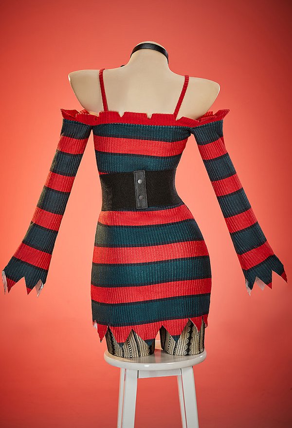 AES Freddy Dérivé Ensemble Robe Gothique Halloween Robe Maille à Rayures Rouges et Vertes avec Corset et Chapeau
