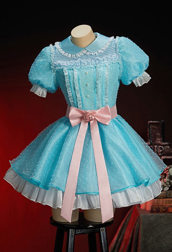 The Twins Halloween Light Blue Short Dress Peter Pan Collar Puff Sleeve Dress with Belt