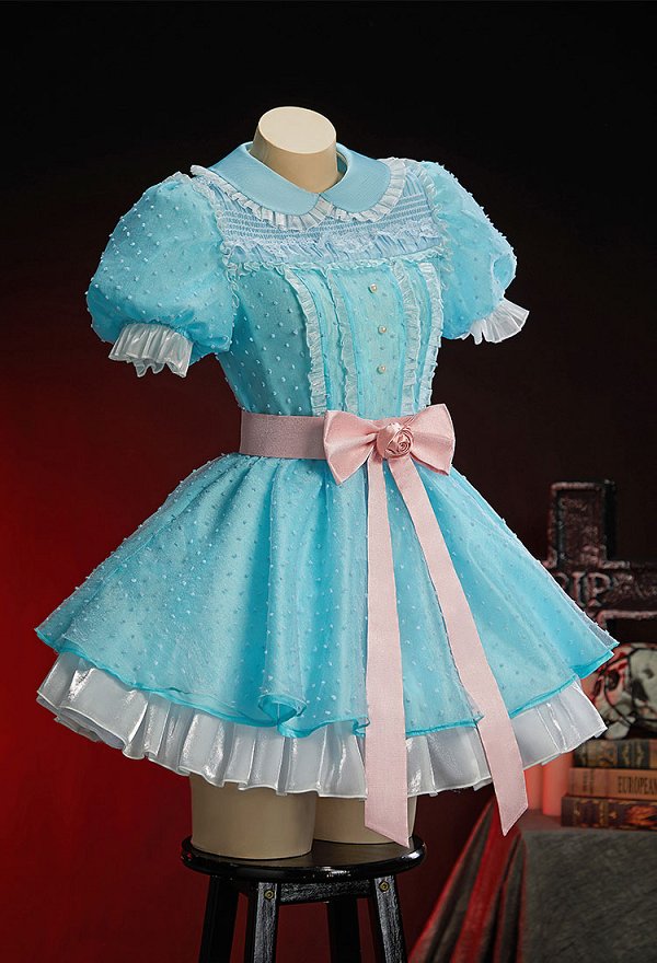The Twins Halloween Light Blue Short Dress Peter Pan Collar Puff Sleeve Dress with Belt