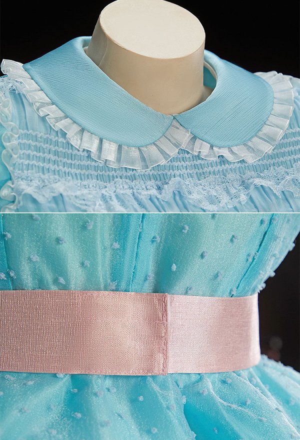 The Twins Halloween Light Blue Short Dress Peter Pan Collar Puff Sleeve Dress with Belt