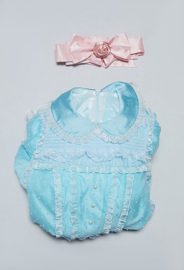 The Twins Halloween Light Blue Short Dress Peter Pan Collar Puff Sleeve Dress with Belt