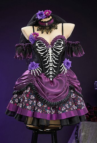 Day of the Dead Sugar Skull Print Dress Halloween Zombie Bride Black and Purple Dress with Veil and Stockings