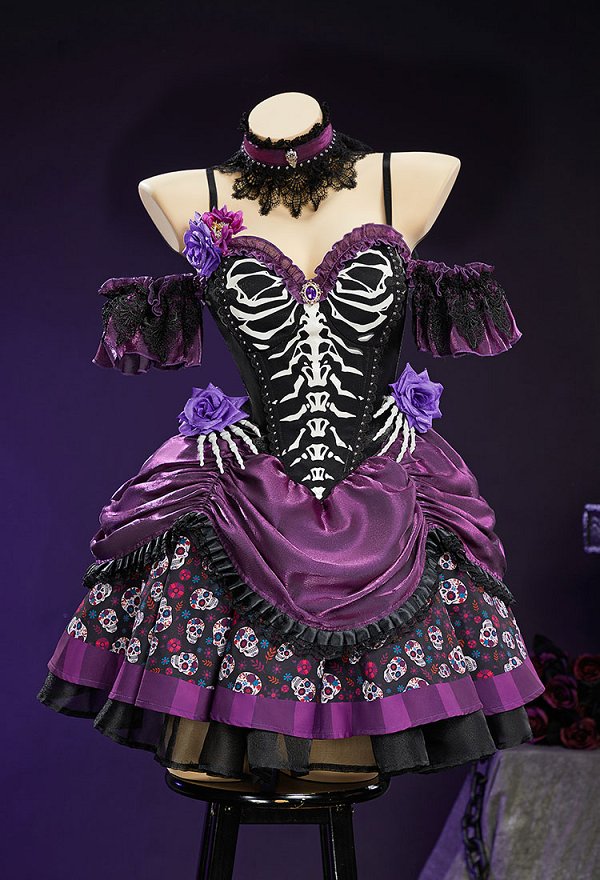 Day of the Dead Sugar Skull Print Dress Halloween Zombie Bride Black and Purple Dress with Veil and Stockings