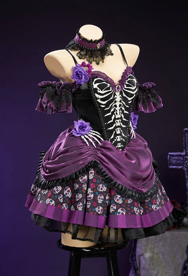 Day of the Dead Sugar Skull Print Dress Halloween Zombie Bride Black and Purple Dress with Veil and Stockings
