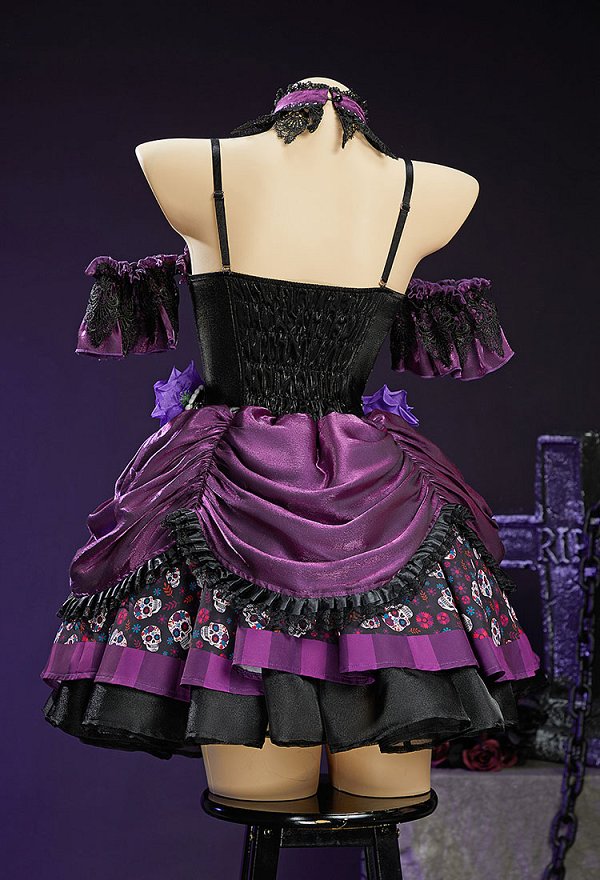 Day of the Dead Sugar Skull Print Dress Halloween Zombie Bride Black and Purple Dress with Veil and Stockings