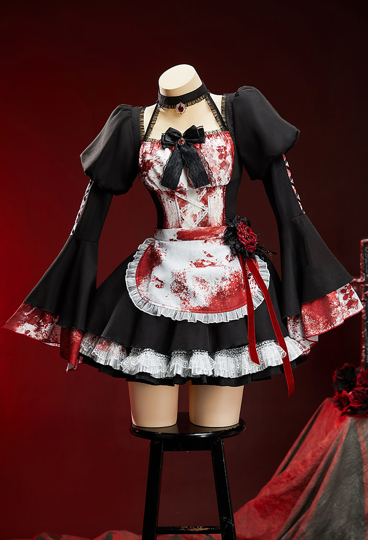 Halloween Bloody Maid Costume Bloodstain Print Dress with Apron