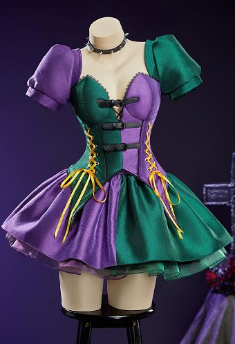 Conjunto de Corsé y Falda con Capas de Bloques de Color Verde y Morado Gótico Derivado de Joker con Mangas Abullonadas y Choker