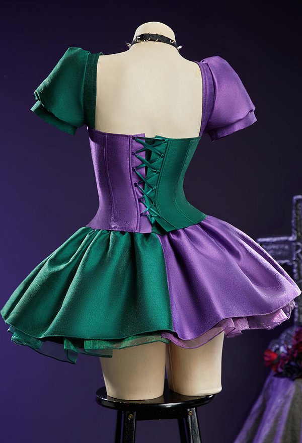 Joker Derivative Gothic Purple and Green Color-block Outfit Set Puff-sleeve Corset and Layered Skirt with Choker