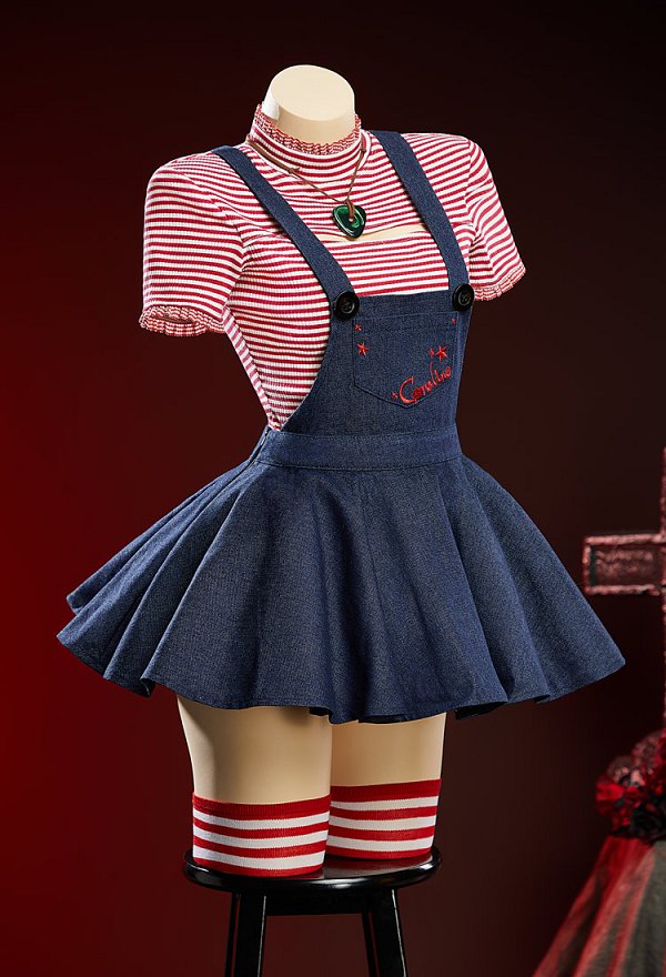 Caroline Derivative Halloween Outfit Set Red and White Striped Short Top and Dark Blue Overall Dress with Jacket and Thigh-high Socks