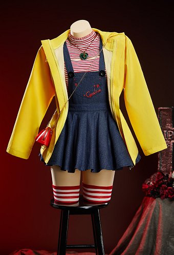 Caroline Derivative Halloween Outfit Set Red and White Striped Short Top and Dark Blue Overall Dress with Jacket and Thigh-high Socks