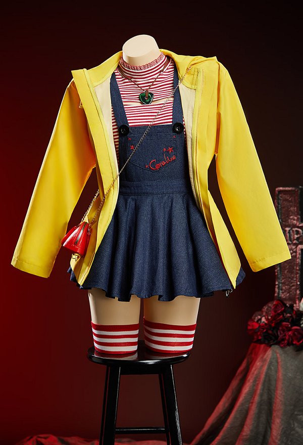 Caroline Derivative Halloween Outfit Set Red and White Striped Short Top and Dark Blue Overall Dress with Jacket and Thigh-high Socks