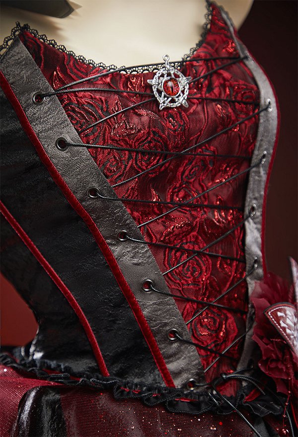 Stranger Things Petal-Head Dérivé Robe Gothique Noire et Rouge Asymétrique Épaules Dénudées Superposée avec Choker