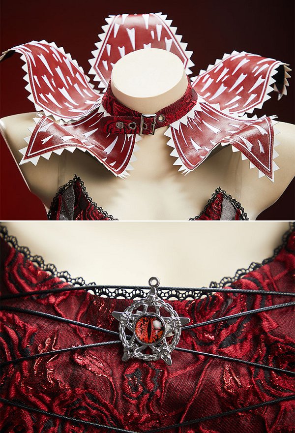 Stranger Things Petal-Head Dérivé Robe Gothique Noire et Rouge Asymétrique Épaules Dénudées Superposée avec Choker
