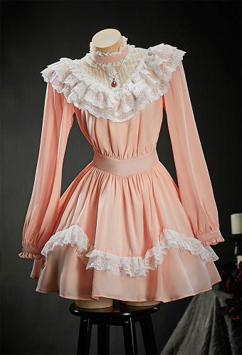 Vestido de Halloween Color Rosa Melocotón Derivado de The Love Witch Vestido de Encaje Vintage con Collar