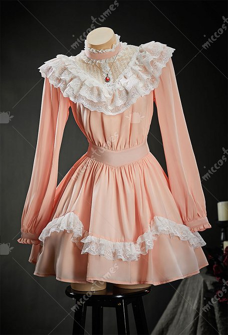 Vestido de Halloween Color Rosa Melocotón Derivado de The Love Witch Vestido de Encaje Vintage con Collar
