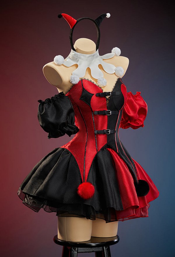 Batman Cosplay Harley Quinn Kostüm Gothic Rot Schwarz Korsettkleid Gestufter Rock mit Kragen und Haarreif