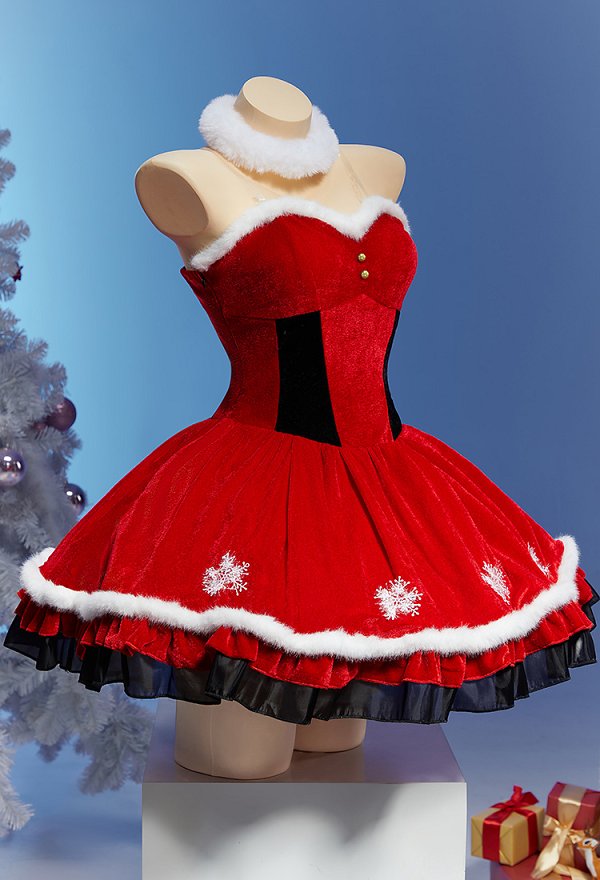 Conjunto de Vestido Navideño Oscuro de Peluche Vestido Rojo Sin Tirantes con Sombrero Gargantilla de Peluche y Mangas