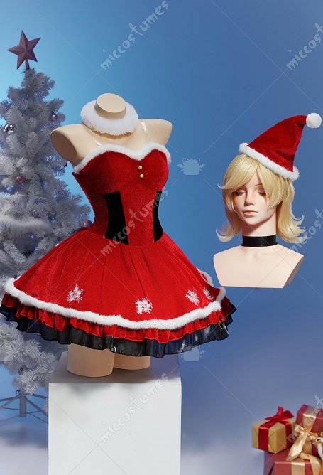 Dunkles Weihnachts Plüschkleid Set rotes trägerloses Kleid mit Hut Plüsch-Choker und Ärmeln